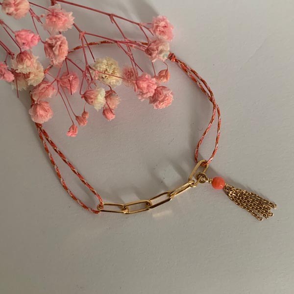 Pink cord bracelet 5 links gold plated pompom