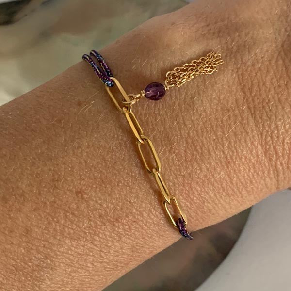 Purple cord bracelet 5 links gold plated pompom