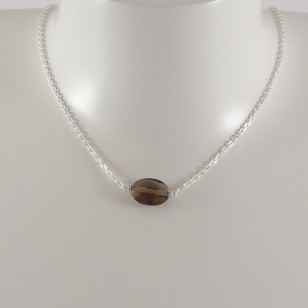 Faceted oval smoky quartz silver chain necklace