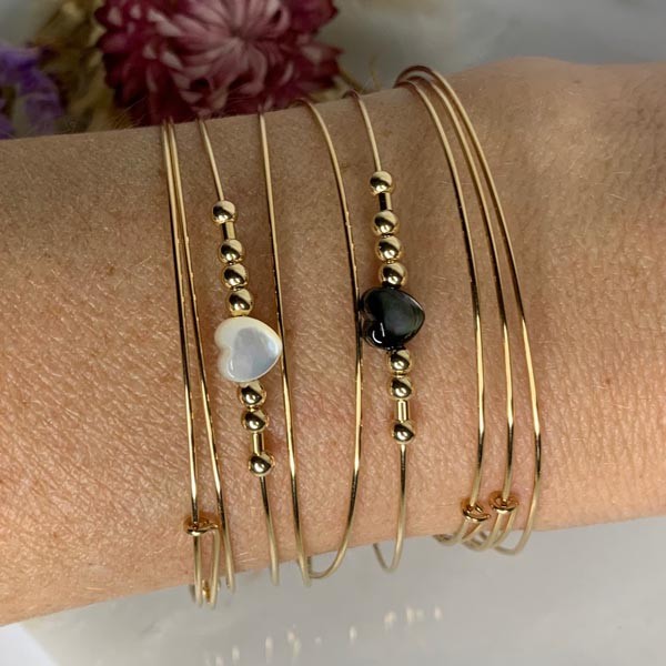 Bracelet 3 thin gold filled Love white bangles