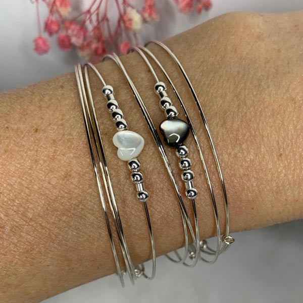 Bracelet 3 thin silver bangles Love white