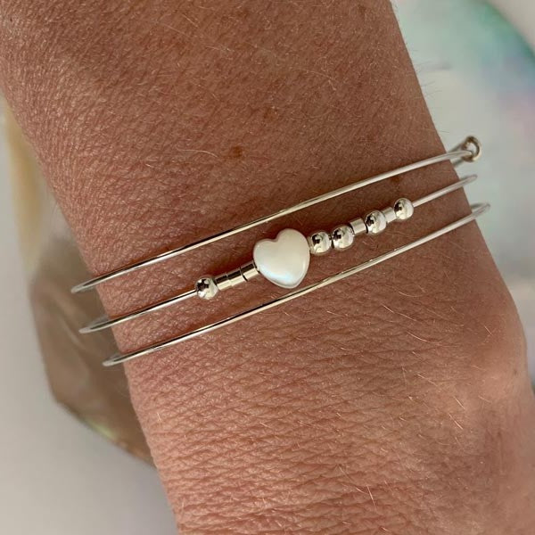 Bracelet 3 fine silver bangles White Love