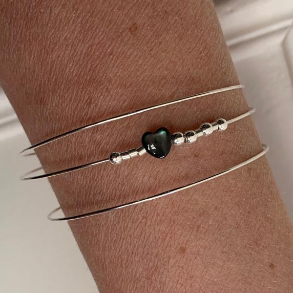 Bracelet 3 fine silver bangles Black love