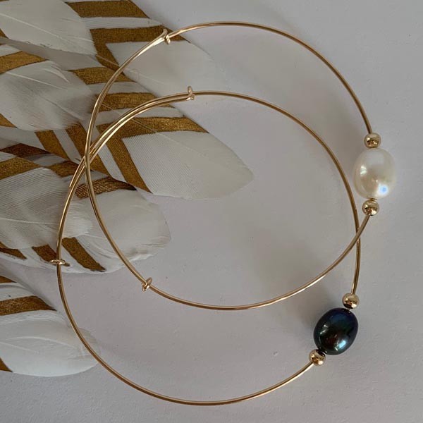 Fine gold filled bangle bracelet with white oval pearls