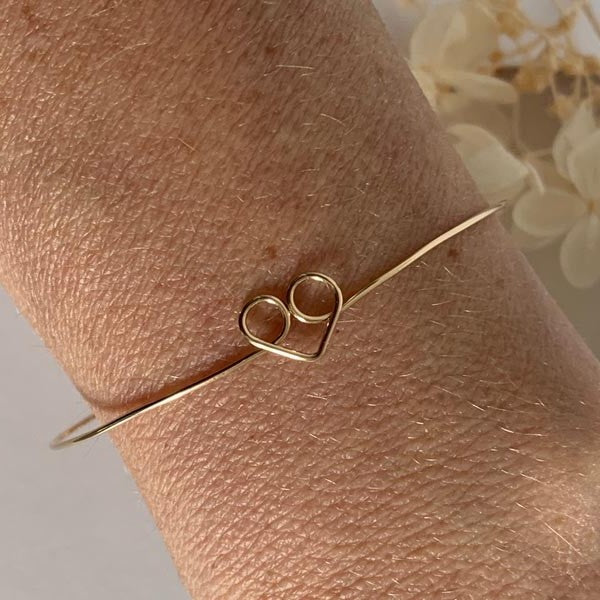 Thin gold filled heart bangle bracelet