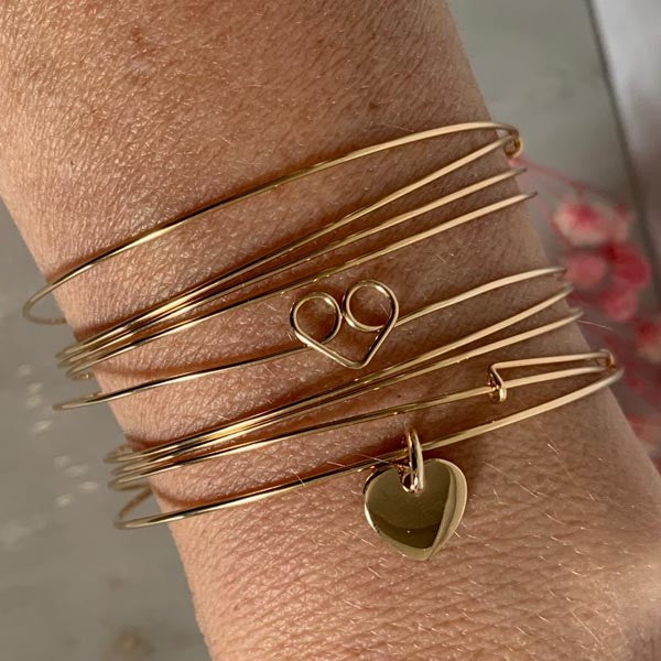 Thin gold filled heart bangle bracelet