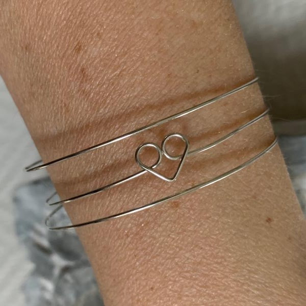 3-band fine silver heart bracelet