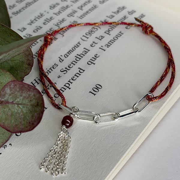 Red cord bracelet 5 silver links pompom