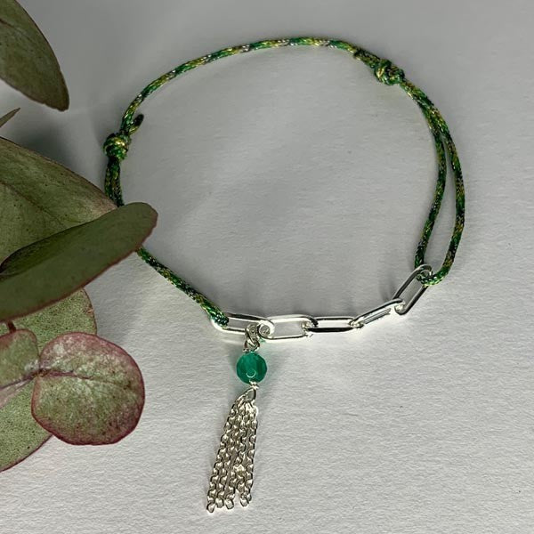 Green cord bracelet 5 silver links pompom