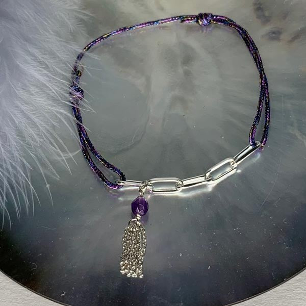 Purple cord bracelet 5 silver links pompom