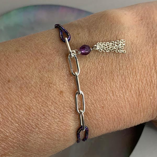 Purple cord bracelet 5 silver links pompom