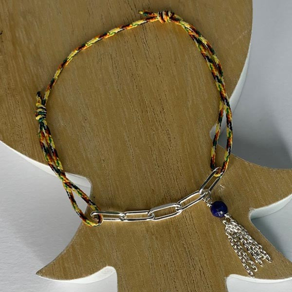 Multicolored cord bracelet 5 silver links pompom