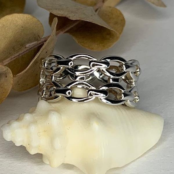 Wide silver ring 2 rows links 