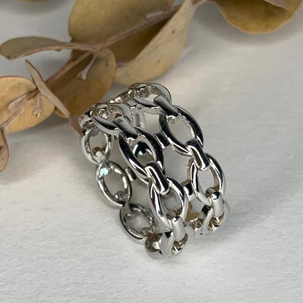 Wide silver ring 2 rows links 