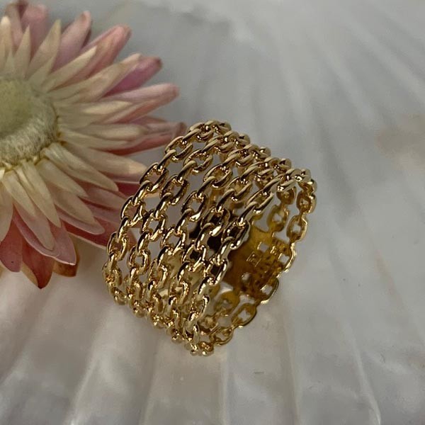 Wide gold plated ring 5 rows chain 