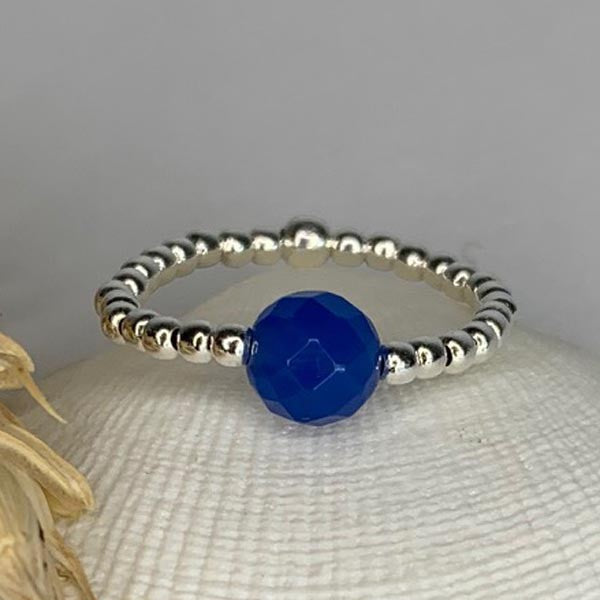 Mini silver pearl ring with blue agate 