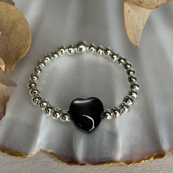 Mini pearl ring silver mini heart black mother-of-pearl