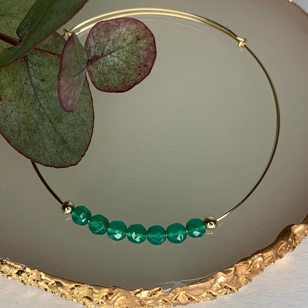 Fine gold filled bangle bracelet with 7 green agates