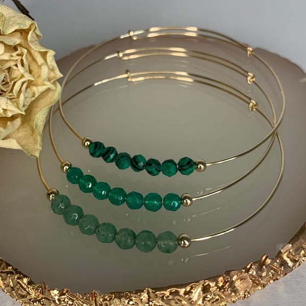 Fine gold filled bangle bracelet with 7 green agates