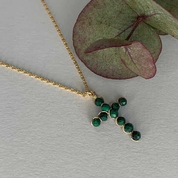 Gold plated chain necklace with small malachite cross 