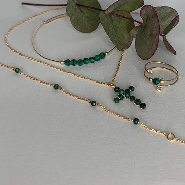 Gold plated chain necklace with small malachite cross 