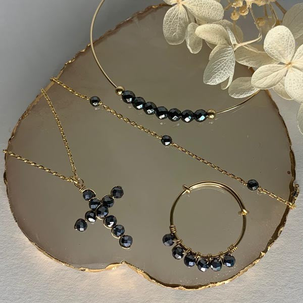 Gold plated chain necklace with small hematite cross 