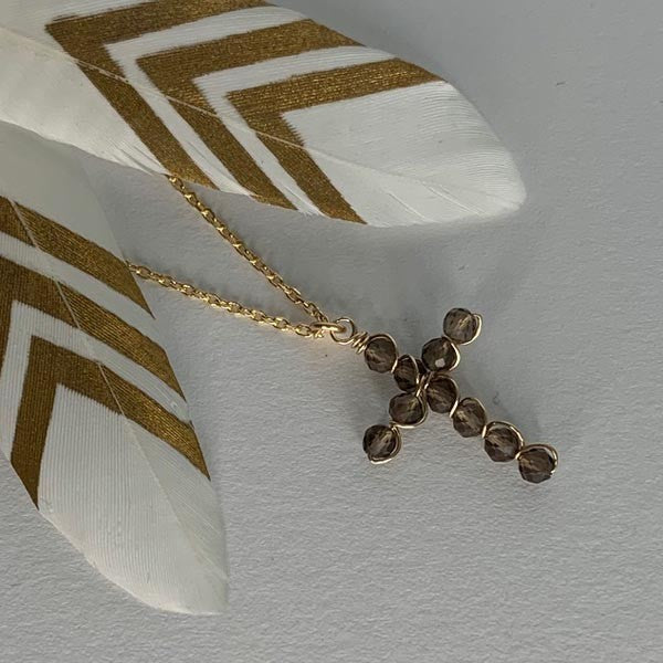 Gold plated chain necklace with small smoky quartz cross 