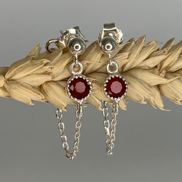 Red agate silver chain earrings