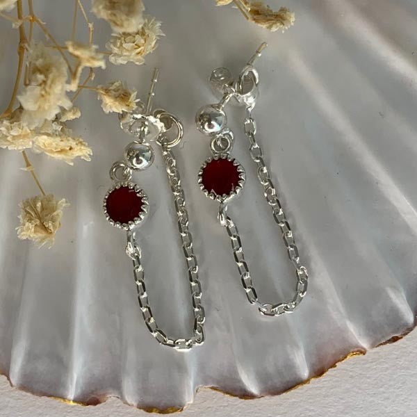 Red agate silver chain earrings