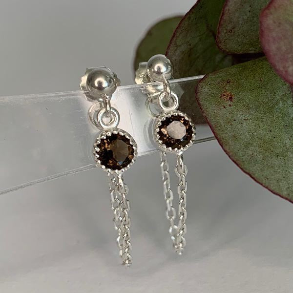 Smoky quartz silver chain earrings