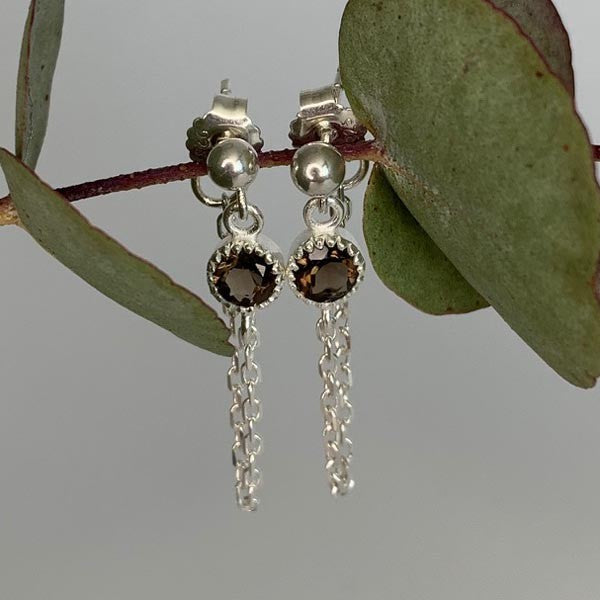 Smoky quartz silver chain earrings