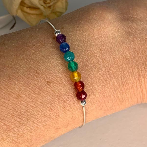 Fine silver bangle bracelet with Chakra stones