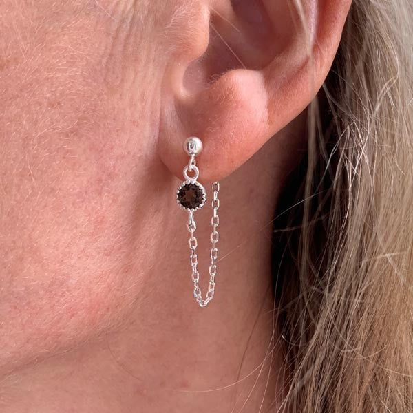 Smoky quartz silver chain earrings