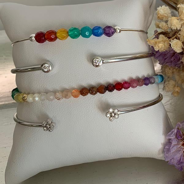 Fine silver bangle bracelet with Chakra stones