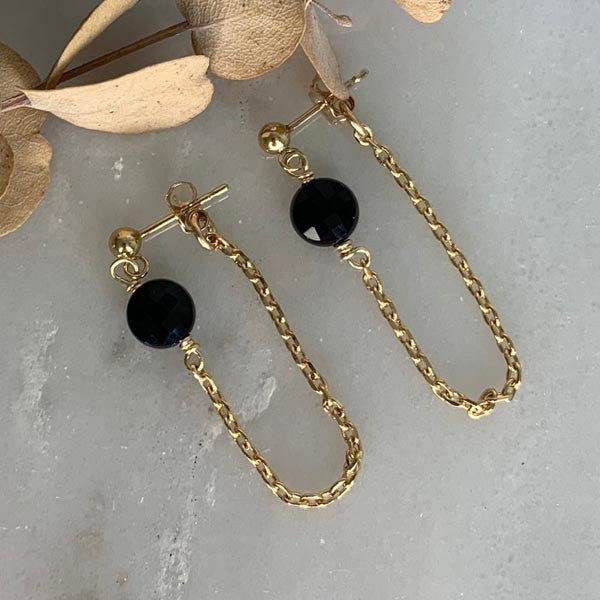 Gold plated onyx chain earrings