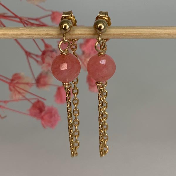 Gold plated chain earrings with pink jade