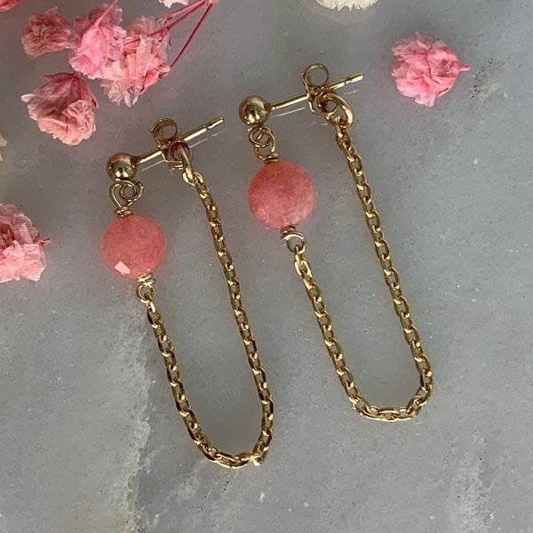 Gold plated chain earrings with pink jade