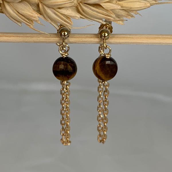 Tiger's eye gold plated chain earrings