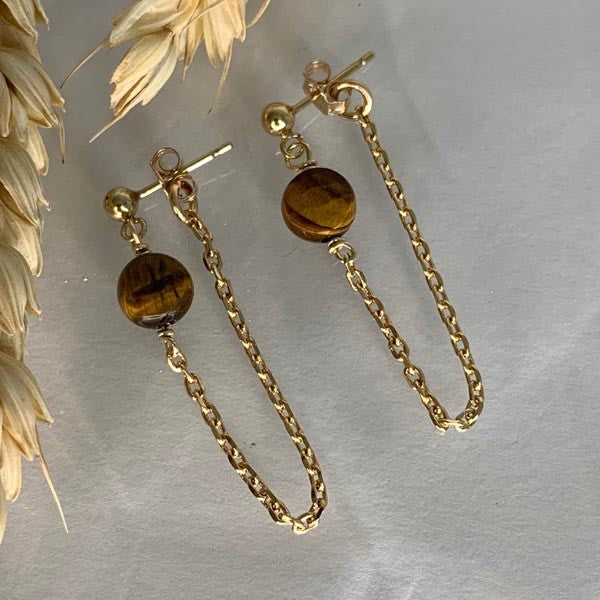 Tiger's eye gold plated chain earrings