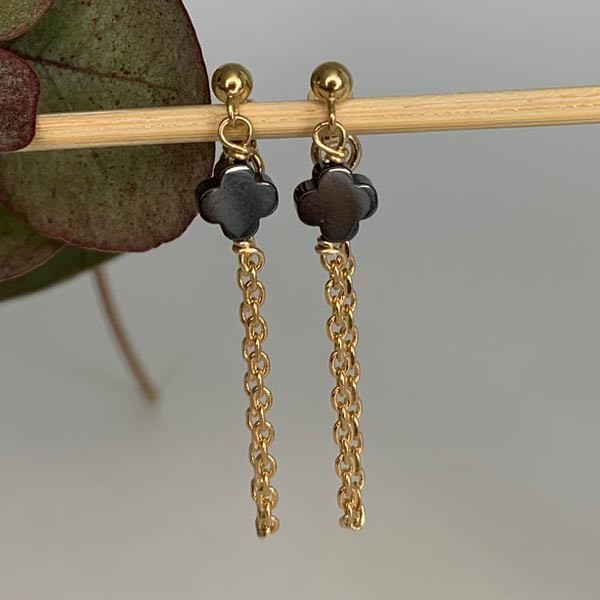 Gold plated chain earrings with hematite cross