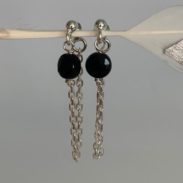 Silver onyx chain earrings