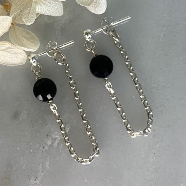 Silver onyx chain earrings