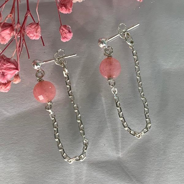 Pink jade silver chain earrings