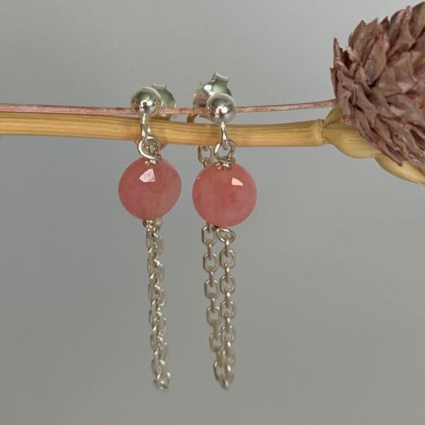 Pink jade silver chain earrings