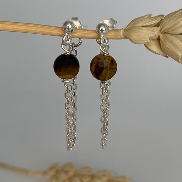 Tiger's eye silver chain earrings