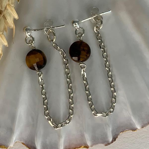 Tiger's eye silver chain earrings