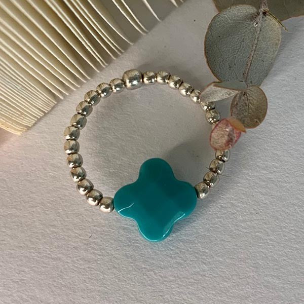 Mini silver pearl ring with turquoise cross