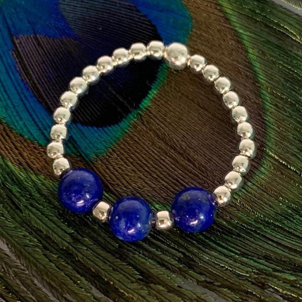 Mini silver pearl ring 3 small lapis lazuli