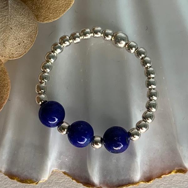 Mini silver pearl ring 3 small lapis lazuli