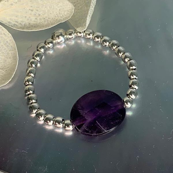 Mini silver amethyst oval pearl ring